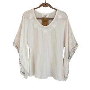 Karim Blouse M White Organic Cotton Embroidered Lace Bell Sleeve Boho Fairy NWT